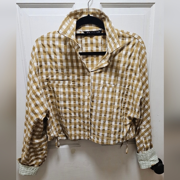 Zara Gingham cropped shirt/Jacket Button Front Size Medium - Picture 5 of 12